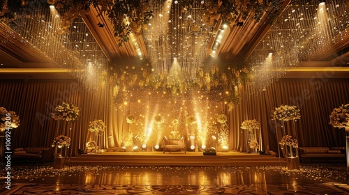 A magnificent gold stage adorned with glittering lights and luxurious decorations