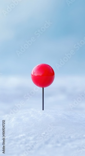 Vibrant red ball against a serene winter landscape