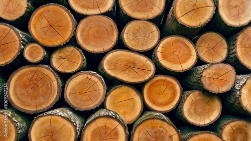 Abstract Background of Stacked Cut Tree Trunks and Branches in the Forest