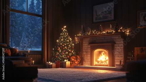 Cozy fire roaring in a fireplace with Christmas tree and presents on Christmas eve as it snows outside in a contemporary American house.