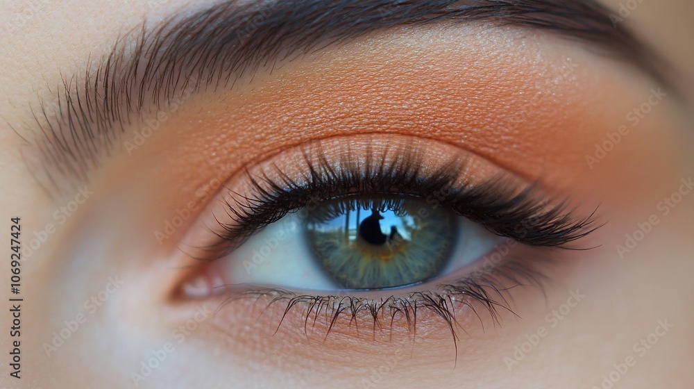 Obraz premium Close-up of a woman's eye with orange eyeshadow and long eyelashes.