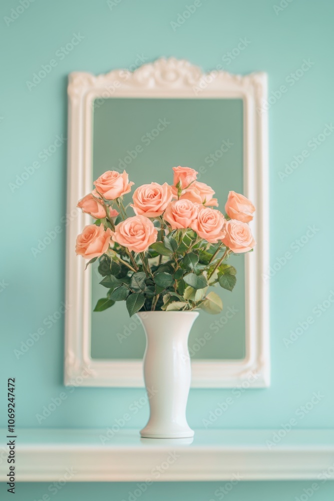 Elegant pink roses in a white vase against a mint green background Elegant pink roses in a white vase against a mint green background