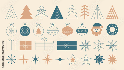 Set of Christmas vintage minimalist elements in linear and flat style. Christmas trees, balls, gifts, snowflakes, stars. Vector illustration