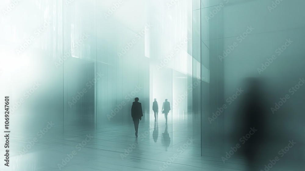 Fototapeta premium People stroll through a sleek, glass-encased office building, their figures obscured by a hazy filter. 