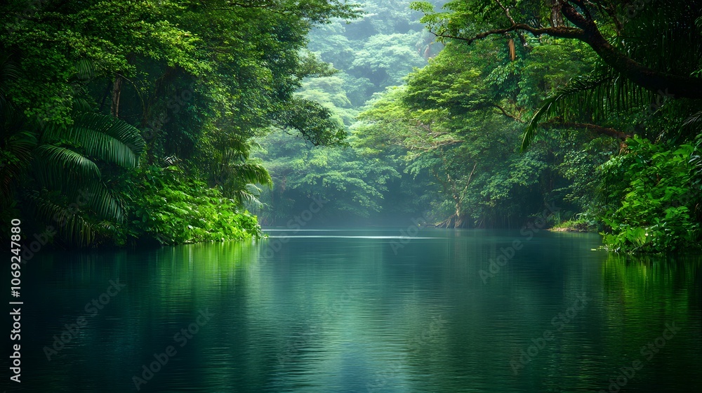 Serene river meandering through a dense jungle, surrounded by lush green foliage and teeming with exotic wildlife along the banks Serene river meandering through a dense jungle, surrounded by lush green foliage and teeming with exotic wildlife along the banks