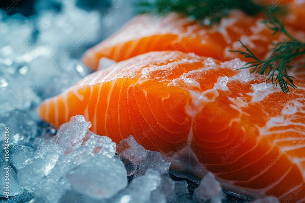 Fresh salmon fillets lay atop a bed of crushed ice. Bright orange color enhances appetizing presentation. Ideal for culinary photography or food blogs. Generative AI Fresh salmon fillets lay atop a bed of crushed ice. Bright orange color enhances appetizing presentation. Ideal for culinary photography or food blogs. Generative AI