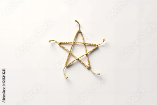 Golden rope star on white background, minimalist symbol of Christmas, handmade craft, and holiday decoration