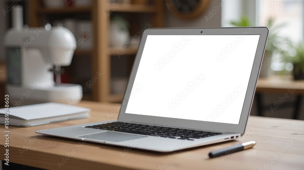 Laptop with blank screen in sewing room symbolizes creativity, ideal for fashion, design, and sewing topics. Laptop with blank screen in sewing room symbolizes creativity, ideal for fashion, design, and sewing topics.