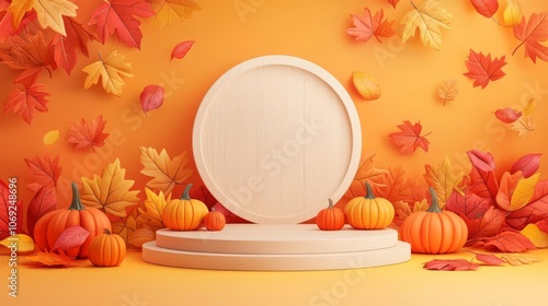 Vibrant autumn scene with pumpkins, leaves, and a circular display stand on an orange background, perfect for seasonal decor. photo