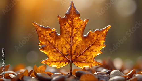 
Translucent amber maple leaf on a carpet of autumn leaves and pebbles with soft sunlight in the background, like a life stage passed and bright hope. photo