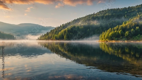 Misty Morning at Lacu Roșu: Foggy Summer Sunrise in Harghita County, Romania, Celebrating Nature's Beauty