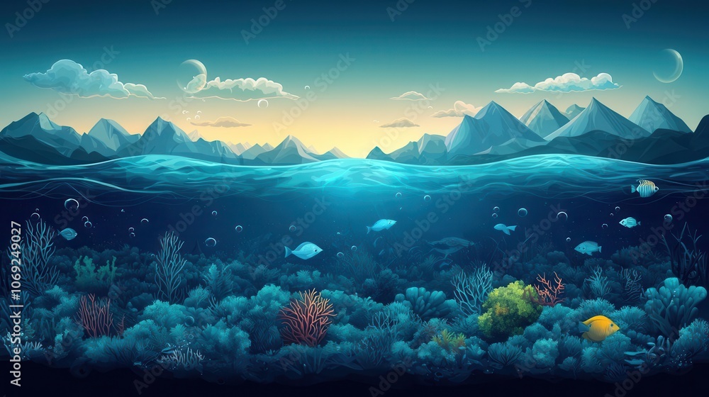 Fototapeta premium Set of pollution icons showing global environmental threats like ocean acidification selective focus, ocean theme, ethereal, Multilayer, deep sea backdrop