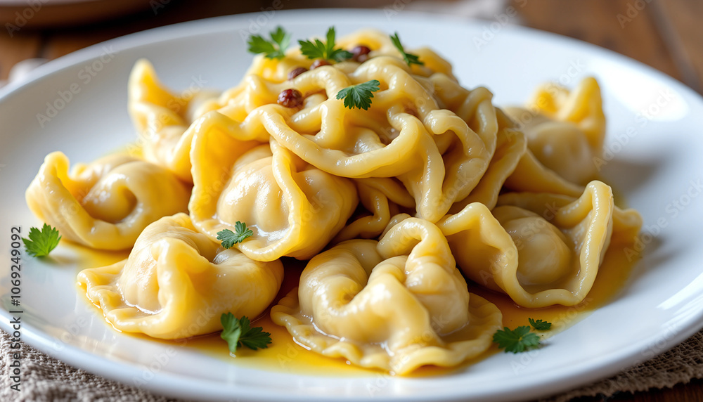 Delicious homemade dumplings served on a white plate with fresh herbs, showcasing authentic cooking in a cozy kitchen setting Delicious homemade dumplings served on a white plate with fresh herbs, showcasing authentic cooking in a cozy kitchen setting