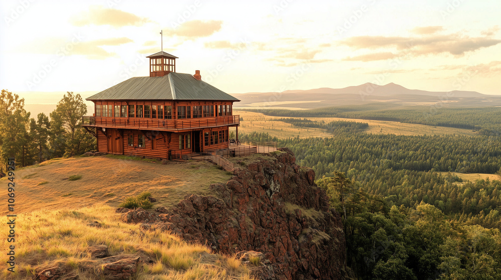 Obraz premium Mountain landscape with a wooden cabin on top of a hill and a sunrise view.