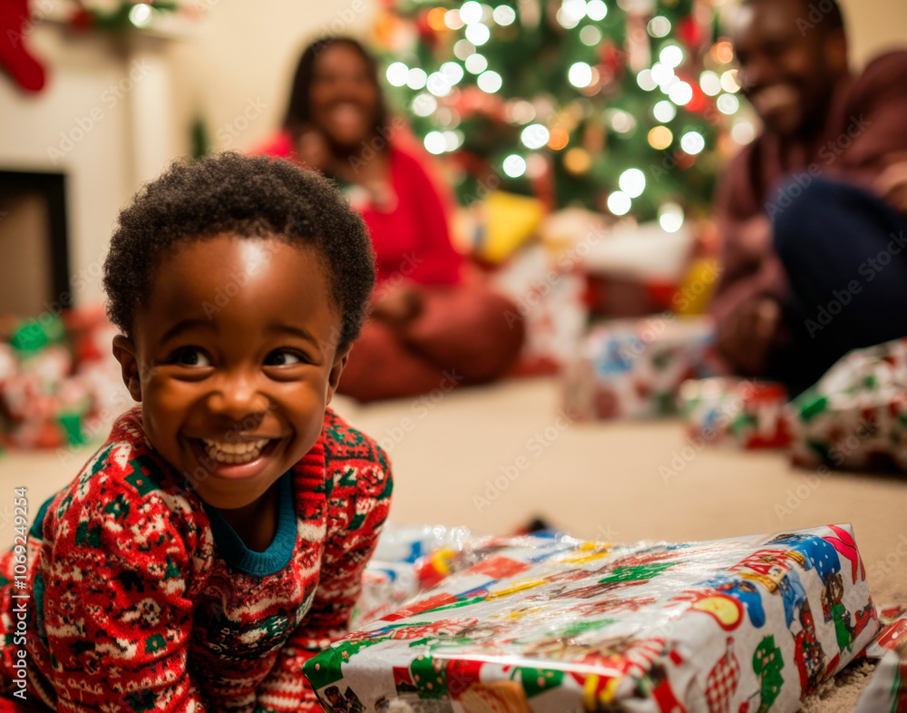 African-American children excitedly unwrap Christmas presents on the living room floor with a Christmas tree and fireplace in the background African-American children excitedly unwrap Christmas presents on the living room floor with a Christmas tree and fireplace in the background