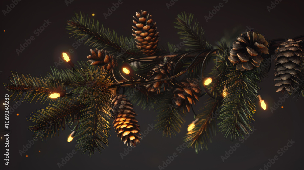 Naklejka premium christmas tree branch with lights and cones