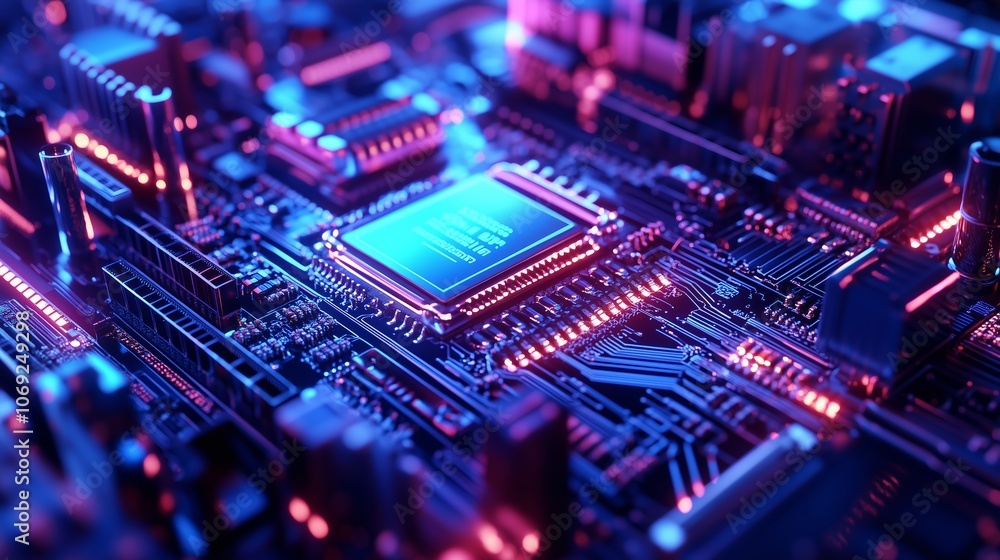 Close-up view of a colorful circuit board with glowing components, showcasing technology and innovation in a dark environment Close-up view of a colorful circuit board with glowing components, showcasing technology and innovation in a dark environment
