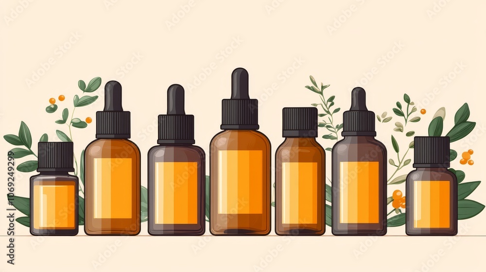 Amber dropper bottles arranged with smaller jars on light beige background for essential oil and natural skincare product promotion emphasizing wellness and botanical beauty Amber dropper bottles arranged with smaller jars on light beige background for essential oil and natural skincare product promotion emphasizing wellness and botanical beauty