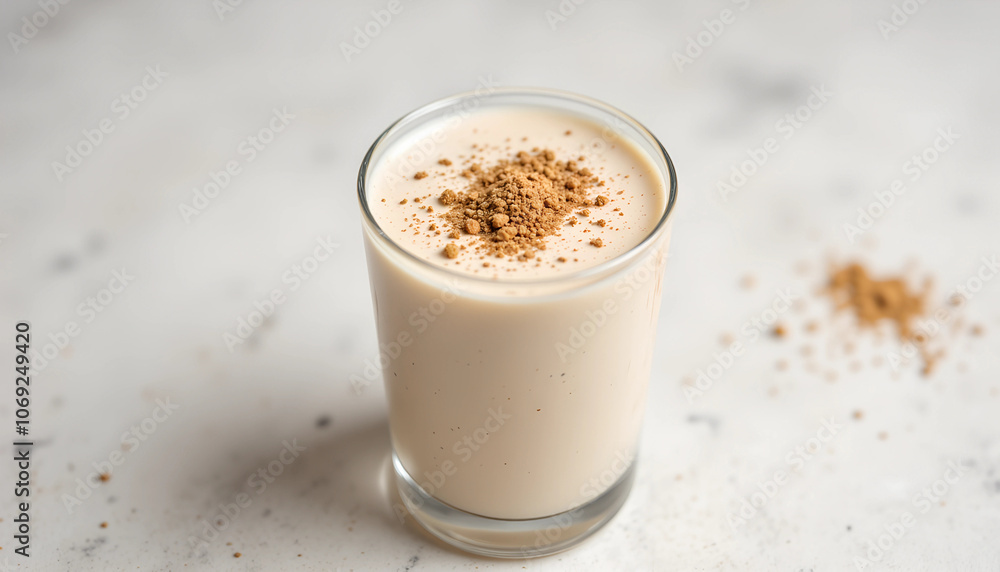 Delicious homemade creamy smoothie topped with ground spice, served in a glass on a neutral background Delicious homemade creamy smoothie topped with ground spice, served in a glass on a neutral background