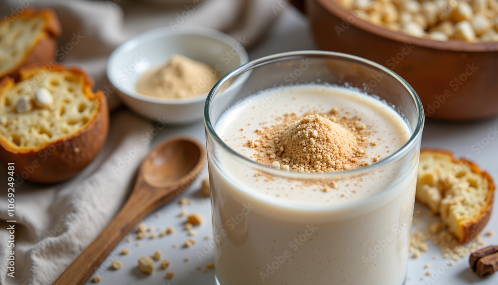 Delicious homemade smoothie with crushed nuts served alongside muffins and grains in a cozy kitchen setting Delicious homemade smoothie with crushed nuts served alongside muffins and grains in a cozy kitchen setting