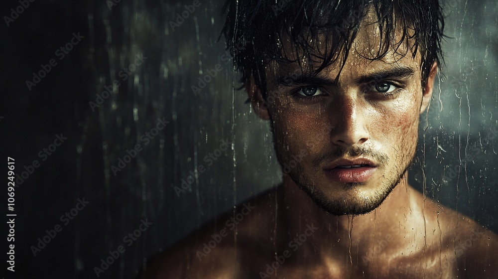 A young man stands in the rain, his face illuminated by the water droplets. A young man stands in the rain, his face illuminated by the water droplets.