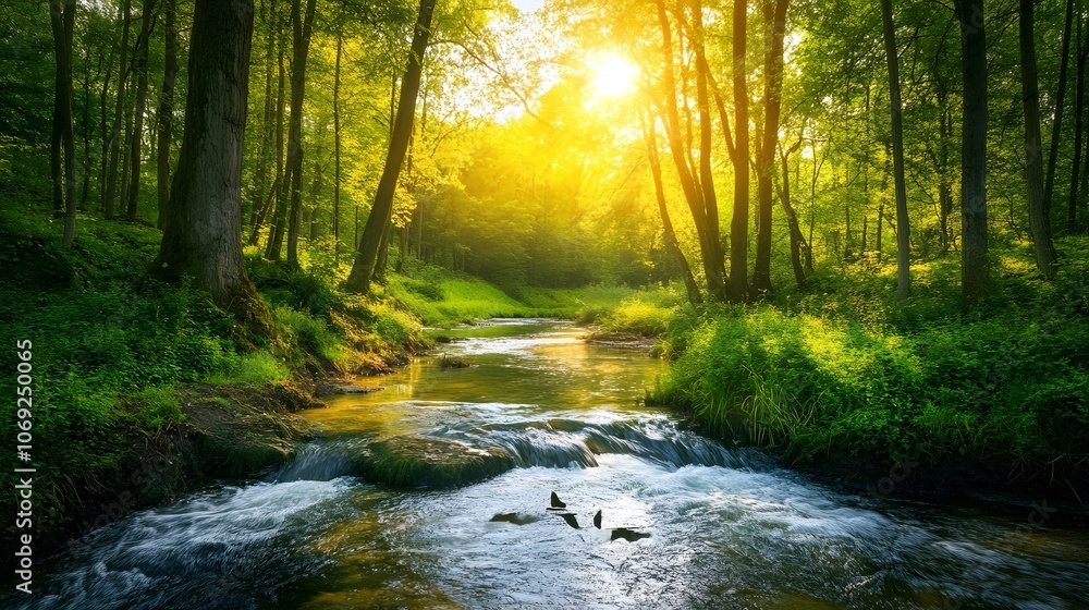 Serene river winding through a dense jungle, flanked by lush green foliage, with exotic wildlife visible along the banks Serene river winding through a dense jungle, flanked by lush green foliage, with exotic wildlife visible along the banks