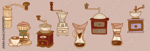 Cozy vintage clipart set of coffee grinders isolated on a brown background. Teapot, grains, brewing coffee, Collection of retro stickers for background design of a cafe, coffee house, store, bakery