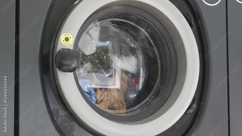 Colored clothes are washed in a washing machine in a laundromat Colored clothes are washed in a washing machine in a laundromat