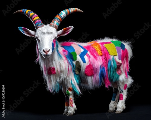 A goat with multicolored, patterned horns and a coat covered in vibrant ethnic-inspired shapes and symbols. photo