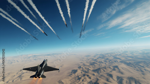 A pair of fighter jets soaring over a desert landscape, leaving contrails in the sky as they engage in aerial combat.


 photo