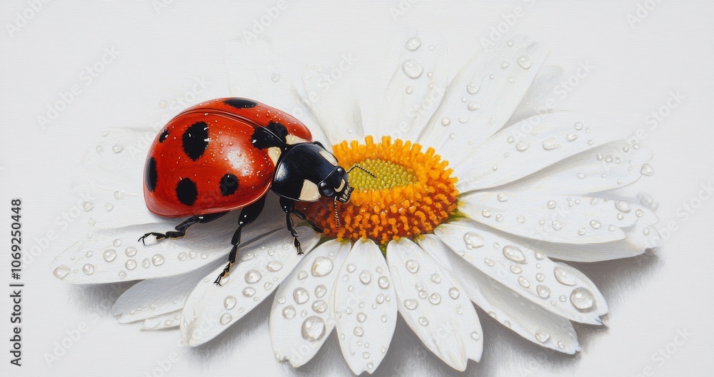 A ladybug resting on a daisy petal, with dew drops glistening in the morning light. A ladybug resting on a daisy petal, with dew drops glistening in the morning light.