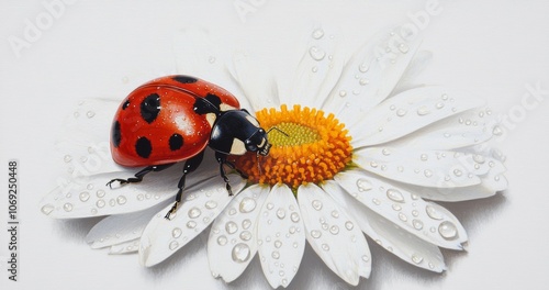 A ladybug resting on a daisy petal, with dew drops glistening in the morning light.