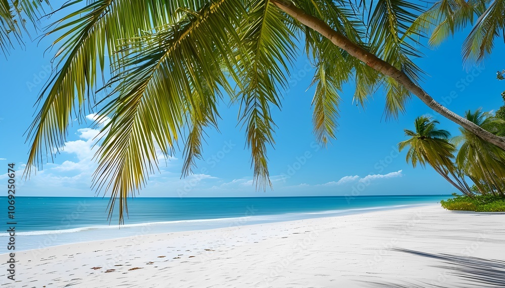 Tropical island with white sandy beaches and palm trees, surrounded by turquoise ocean water; bright sunlight emphasizes contrasts, adding a vivid appeal to the scene. Tropical island with white sandy beaches and palm trees, surrounded by turquoise ocean water; bright sunlight emphasizes contrasts, adding a vivid appeal to the scene.