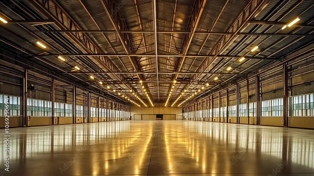 An expansive, empty warehouse with long reflective floors and bright overhead lighting radiates a golden hue. The scene suggests themes of unoccupied spaces and industrial scale. An expansive, empty warehouse with long reflective floors and bright overhead lighting radiates a golden hue. The scene suggests themes of unoccupied spaces and industrial scale.