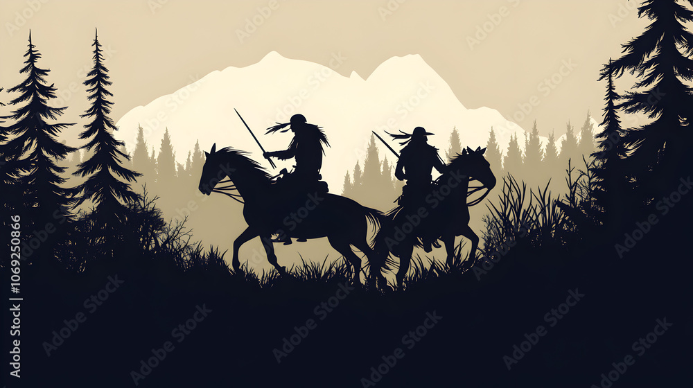 A duo of Native American warriors riding through a dense forest, minimalist trees framing their figures. Clean lines, focusing on their dynamic motion.
A duo of Native American warriors riding through a dense forest, minimalist trees framing their figures. Clean lines, focusing on their dynamic motion.