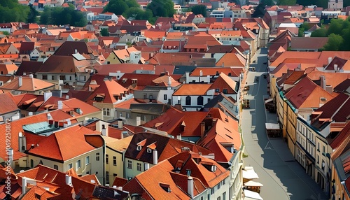 Panorama of an old European town with red rooftops and narrow streets.