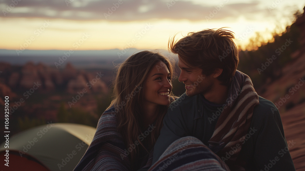 Couple Camping on Cliffside, Enjoying Valley Sunset Couple Camping on Cliffside, Enjoying Valley Sunset
