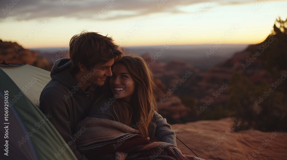 Couple Camping on Cliffside, Enjoying Valley Sunset Couple Camping on Cliffside, Enjoying Valley Sunset