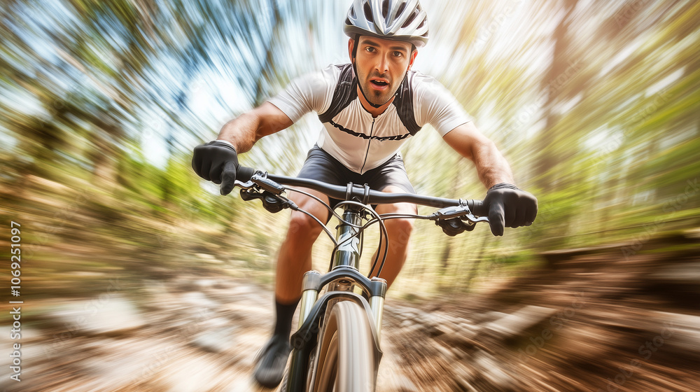 Mountain Biker Racing Down a Rocky Trail in Forest Mountain Biker Racing Down a Rocky Trail in Forest