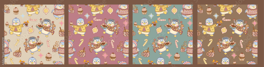 Cozy collection of seamless patterns with animals on a background of pastel colors. Cheerful funny dressed pigguins in Christmas sweaters with a cup of cocoa and sweets Cozy collection of seamless patterns with animals on a background of pastel colors. Cheerful funny dressed pigguins in Christmas sweaters with a cup of cocoa and sweets