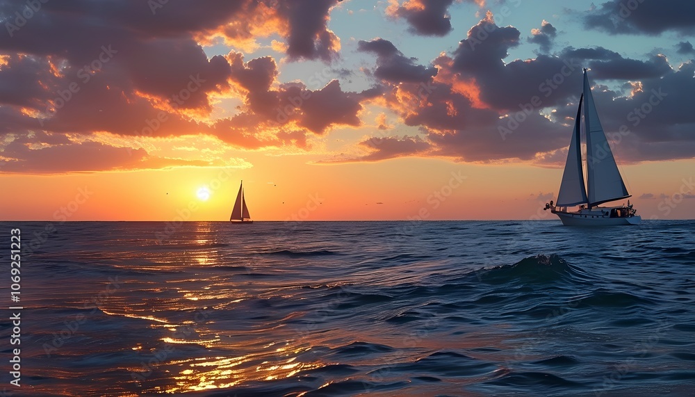 Naklejka premium Sunset over the ocean with sails on the horizon.