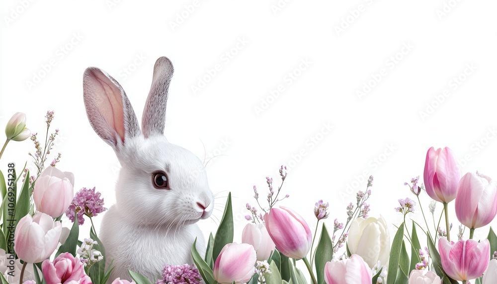 A rabbit among blooming tulips, with hints of green grass and a bright springtime feel. A rabbit among blooming tulips, with hints of green grass and a bright springtime feel.