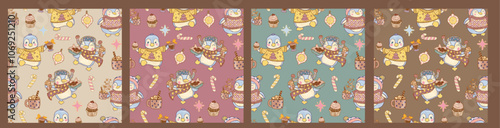 Wallpaper Mural Cozy collection of seamless patterns with animals on a background of pastel colors. Cheerful funny dressed pigguins in Christmas sweaters with a cup of cocoa and sweets Torontodigital.ca