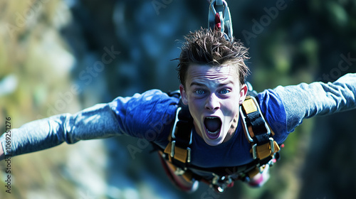 Young Man Bungee Jumping Off a Bridge with Excited Expression photo