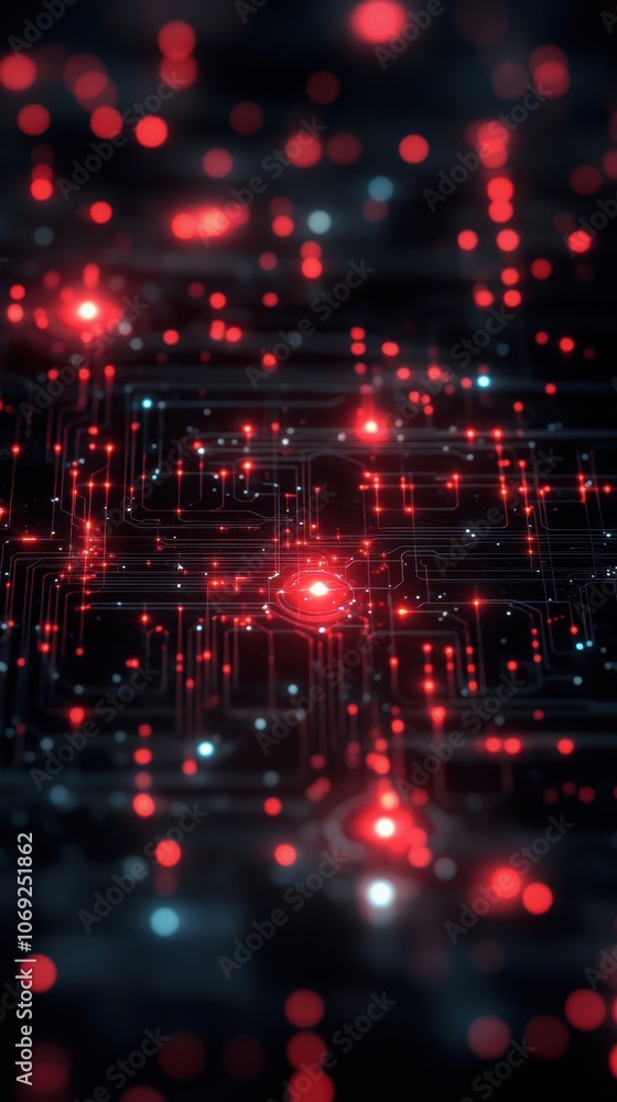 Futuristic tech backdrop with red and black circuits glowing at night. Generative AI Futuristic tech backdrop with red and black circuits glowing at night. Generative AI