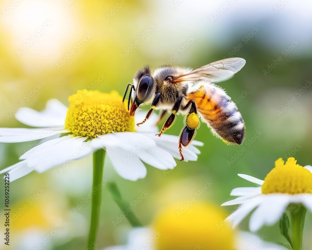 A bee gathering nectar from bright yellow daisies, with a soft green meadow as the backdrop. A bee gathering nectar from bright yellow daisies, with a soft green meadow as the backdrop.
