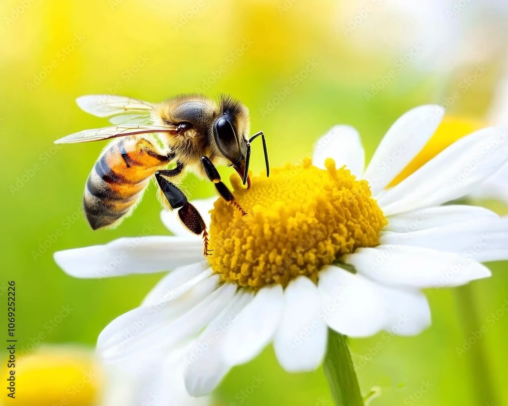 A bee gathering nectar from bright yellow daisies, with a soft green meadow as the backdrop. A bee gathering nectar from bright yellow daisies, with a soft green meadow as the backdrop.