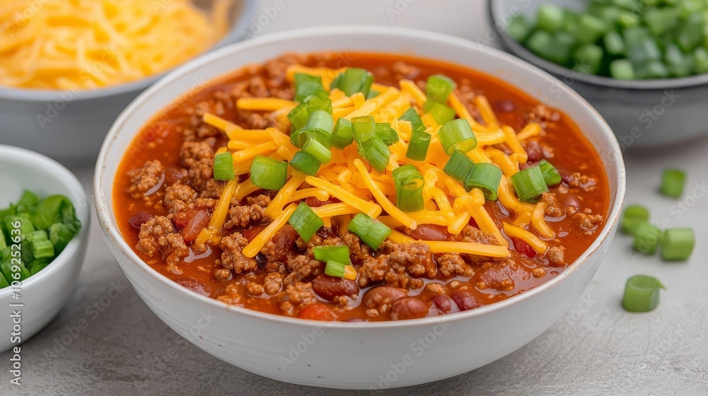 Bowl of canned chili with side garnishes like green onions and cheese, on a simple, clean table focus on convenience and customization Bowl of canned chili with side garnishes like green onions and cheese, on a simple, clean table focus on convenience and customization