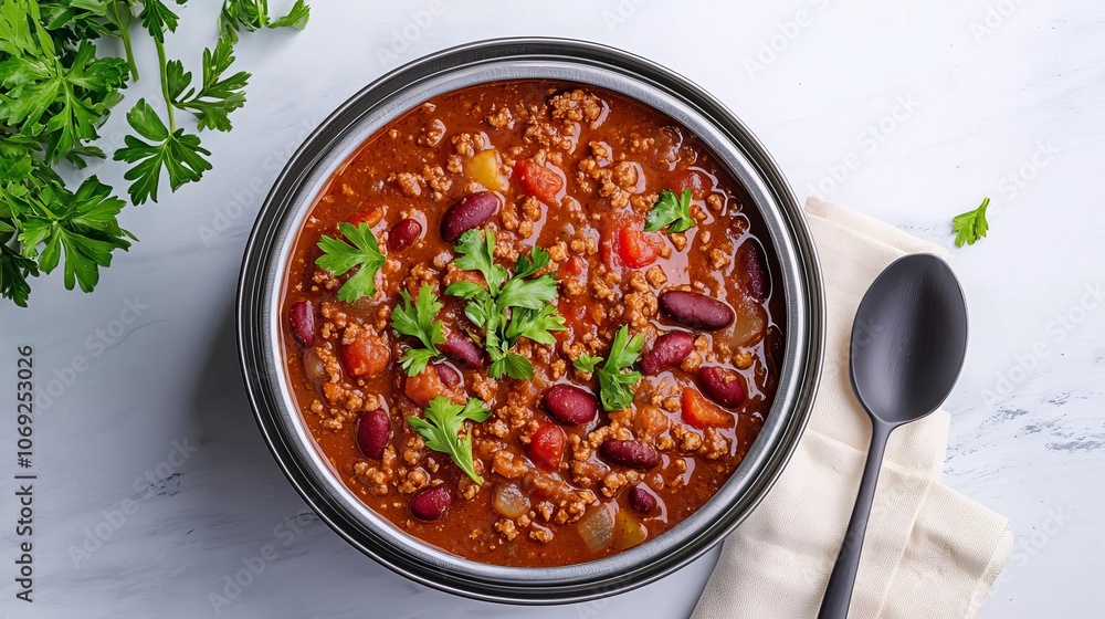 Packed canned chili with spoon, napkin, and minimalist packaging on the side, perfect for onthego meal, bright, clean background Packed canned chili with spoon, napkin, and minimalist packaging on the side, perfect for onthego meal, bright, clean background