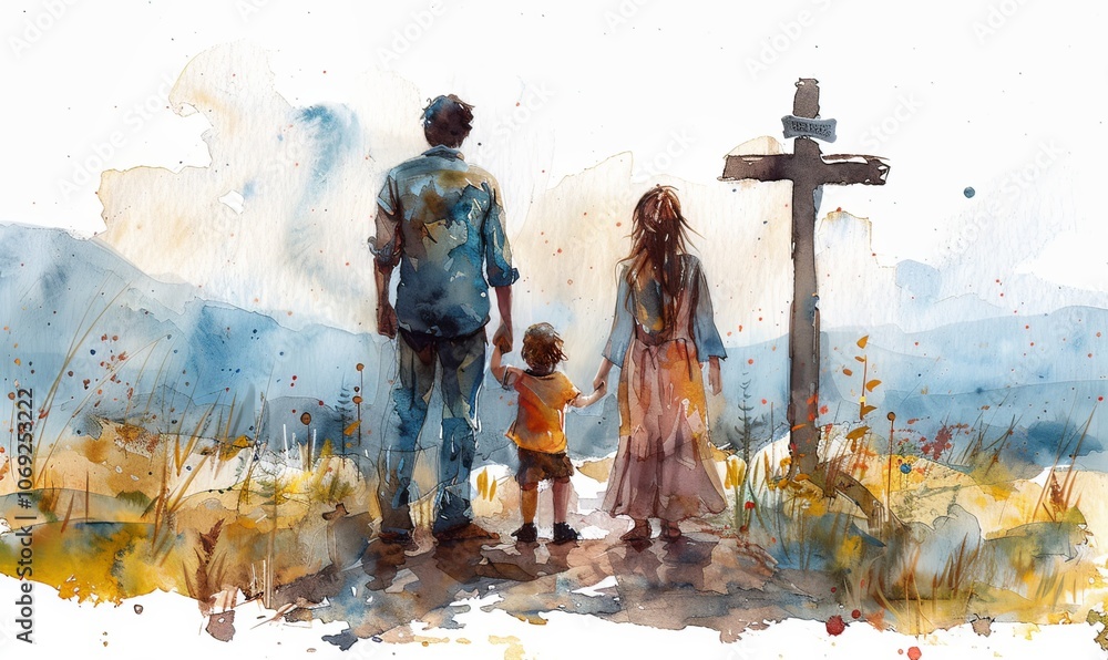 In a tranquil country setting, a family stands together in reverence before the cross of Jesus Christ, embodying their heartfelt devotion and Christian values In a tranquil country setting, a family stands together in reverence before the cross of Jesus Christ, embodying their heartfelt devotion and Christian values